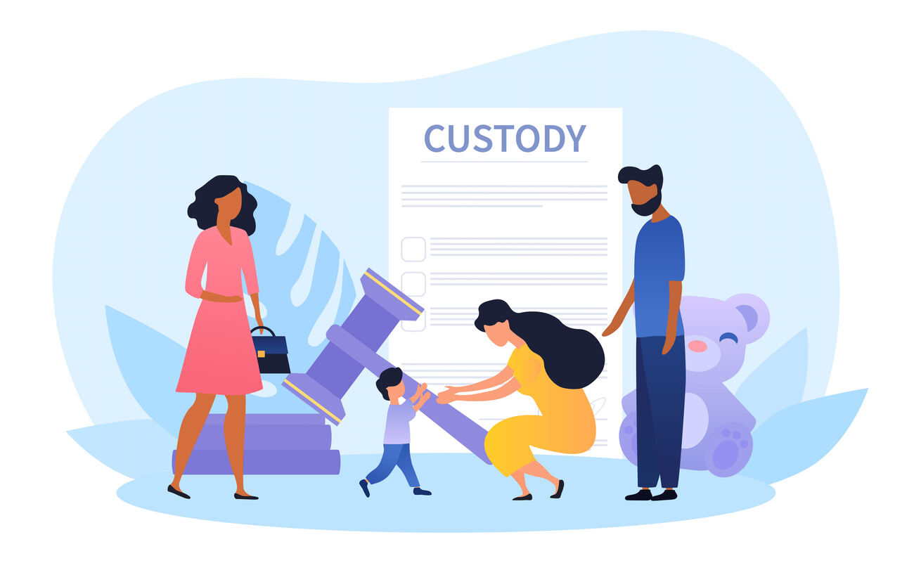 An illustration of parents and a child around a custody document and a gavel, with an additional female figure representing a new partner, symbolizing the legal impact of a parent's new partner on child custody arrangements.