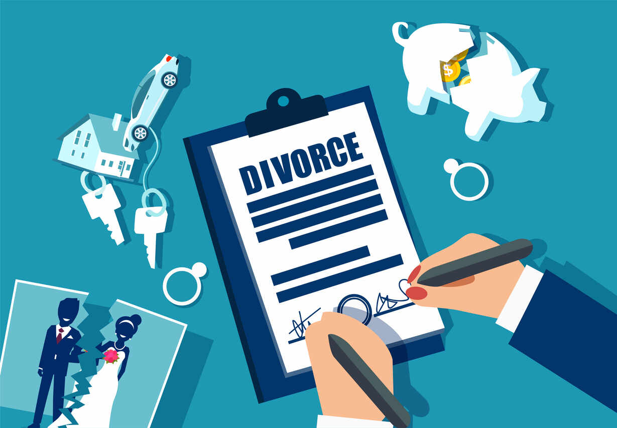 An illustration of a divorce document being signed next to a broken piggy bank with money spilling out and other marital assets, symbolizing a spouse draining a joint account before divorce.